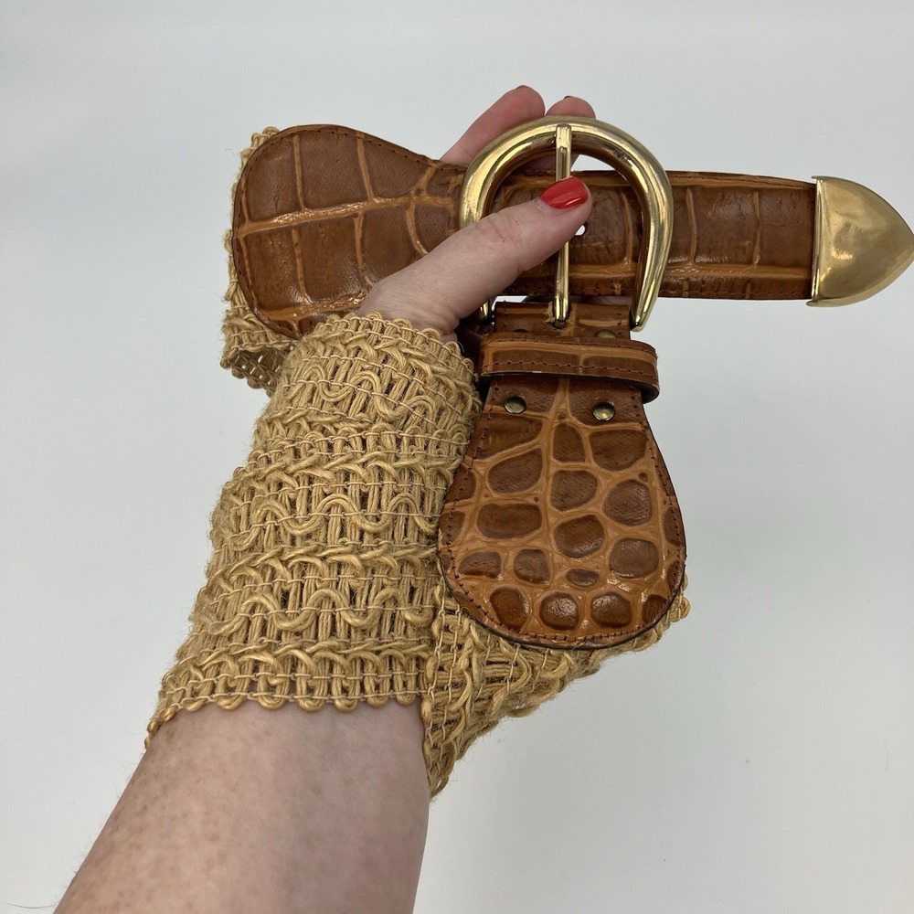 Wide Stretch Waist Belt Croc Embossed‎ Beige Elastic Fabric XL Old Money Classic